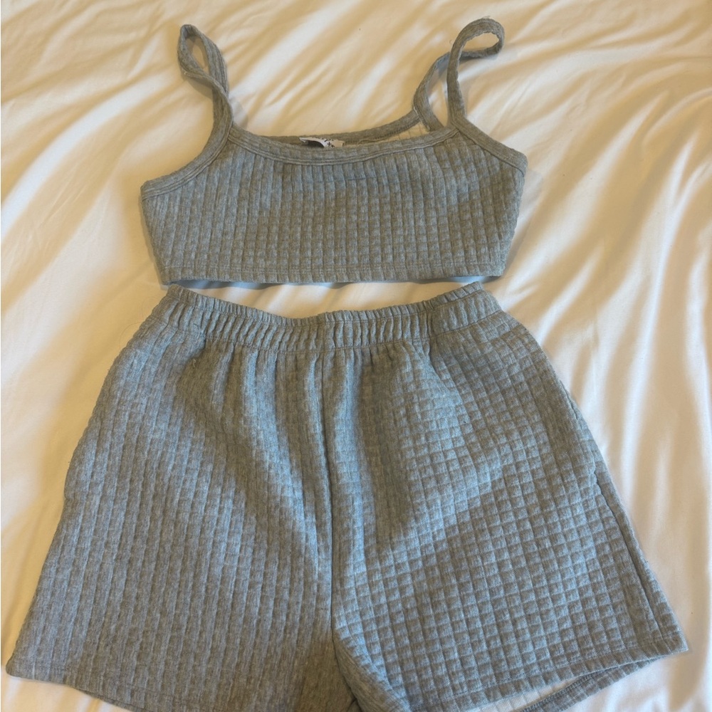 Gray Ribbed Tank and Shorts Set